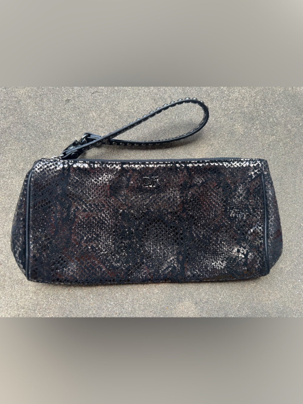 Diane Von Frustenberg Arabella Wristlet in Black Metallic Snakeskin